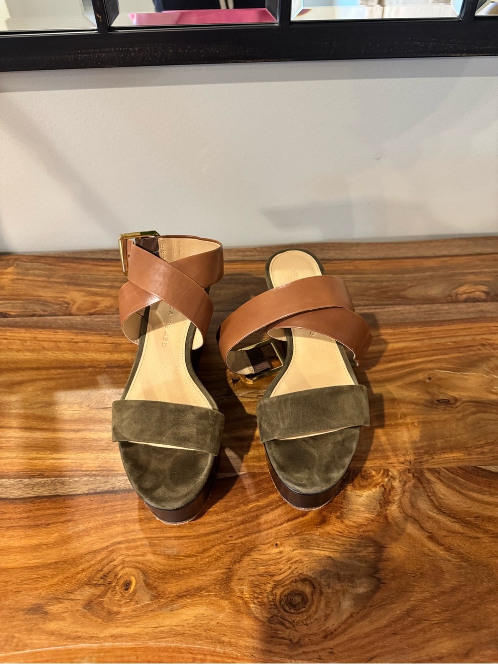 Veronica Beard Tan Leather and Olive Suede Wedge Sandals